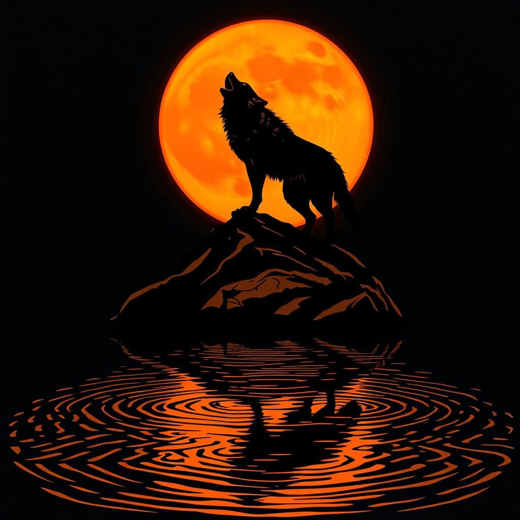 Wolf in Moonlit Landscape, Silhouetted against Vibrant Orang...