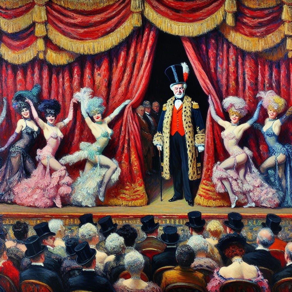 Monarch Figure Peeks at Burlesque Show, Impasto Oil Painting