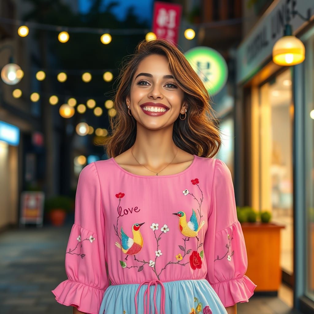 Whimsical Young Woman in Embroidered Dress Laughs Under Stri...