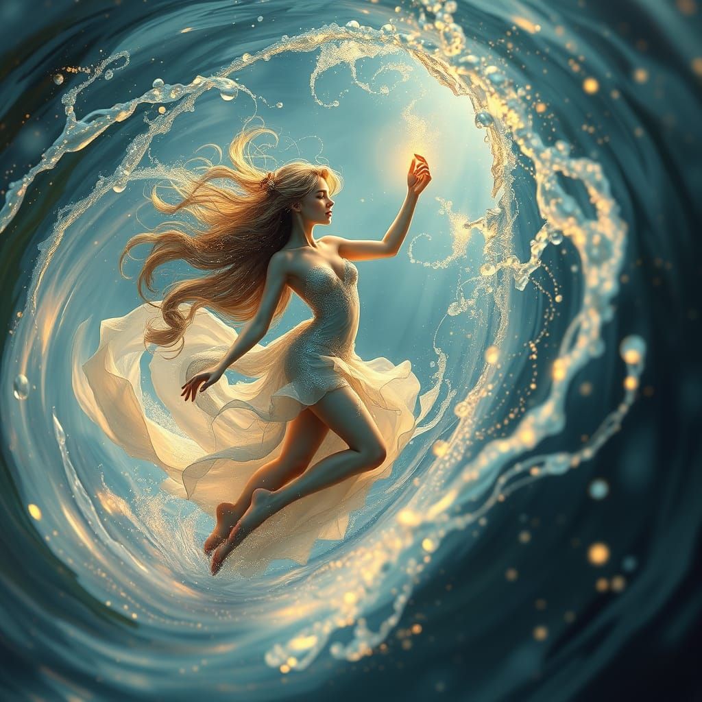 Mystical Water Nymph in Shimmering Silver-Gold Hues