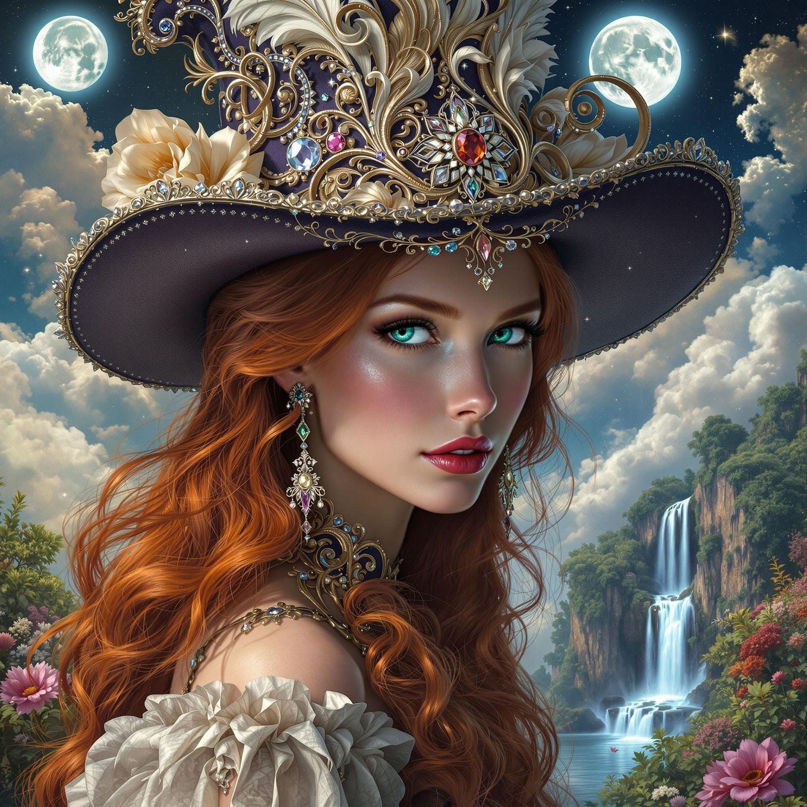 Redhead in Ornate Hat, Surreal Digital Art