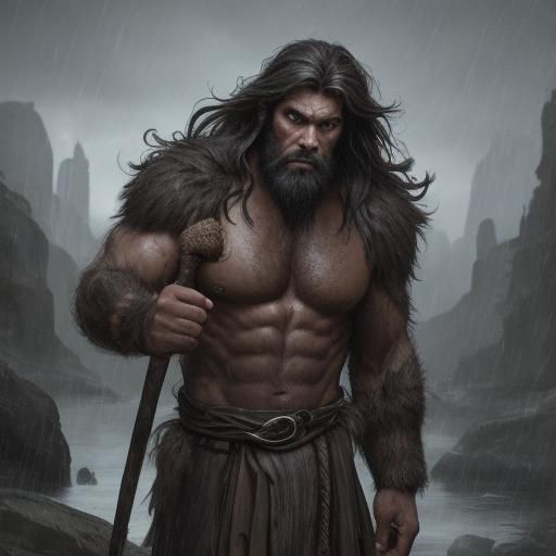 Medium shot of a sophisticated caveman  protagonist in a sto...