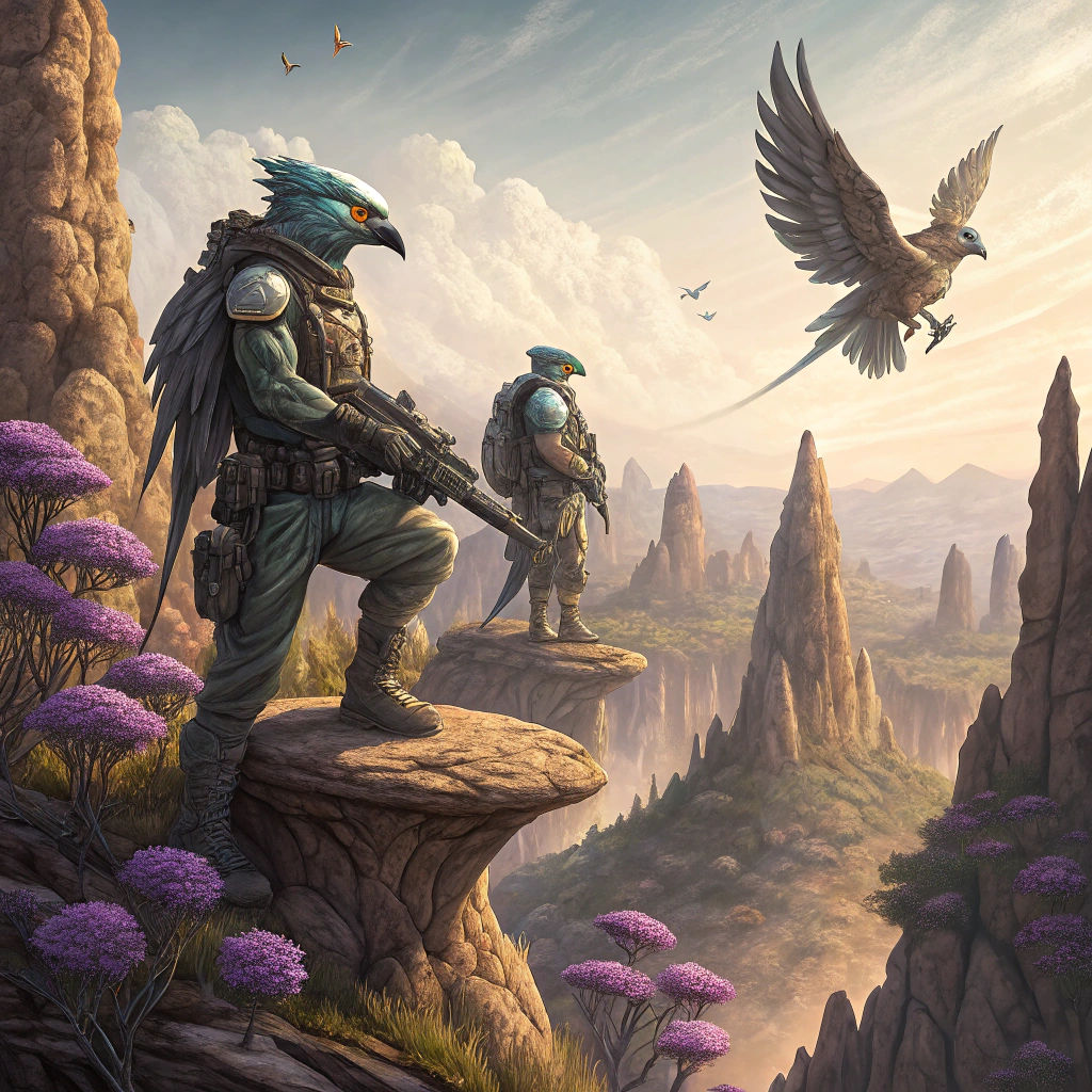Armed Avian Aliens on Natural Pillar Landscape