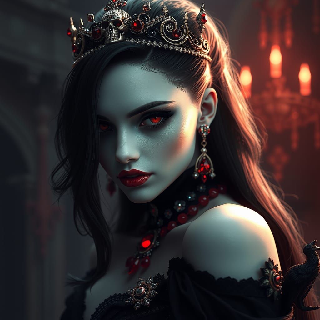 Enigmatic Crimson-Eyed Woman in Dark Mystical Realm