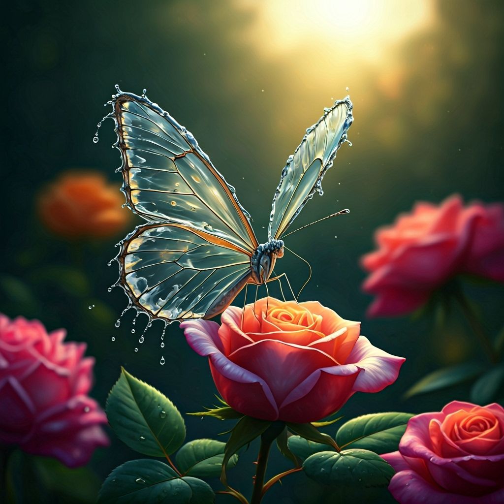 Transparent Water Droplet Butterfly on Rose