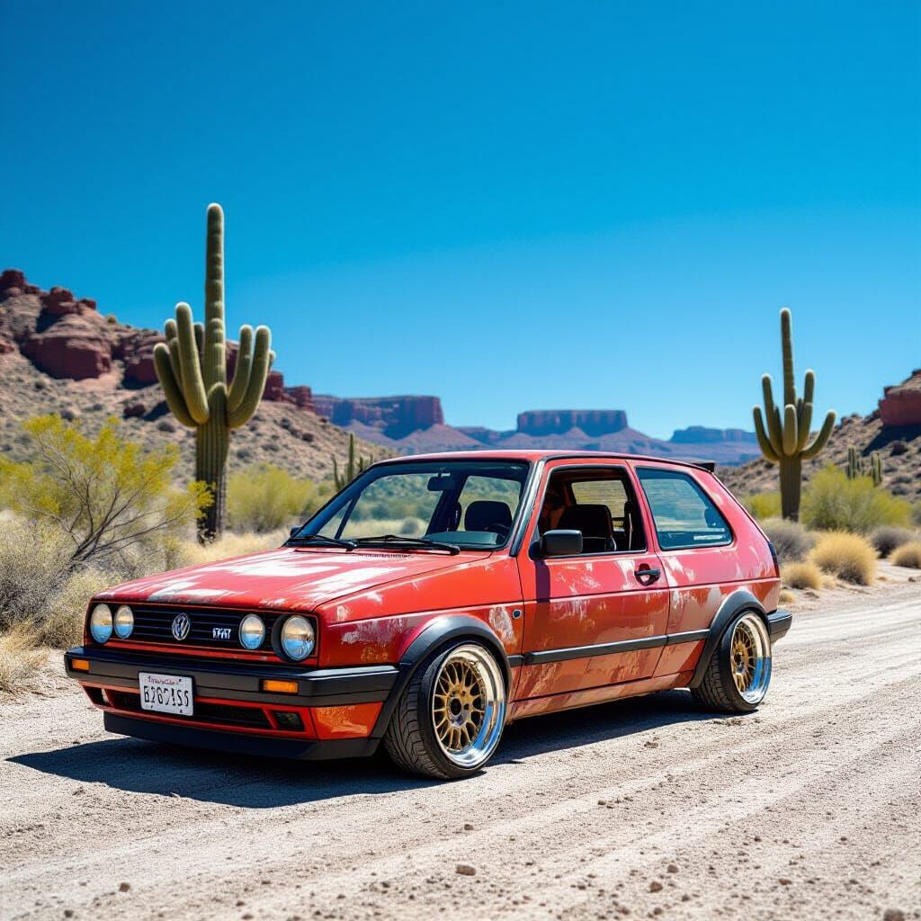 Slammed 1990s VW Golf GTI on Dusty Desert Road