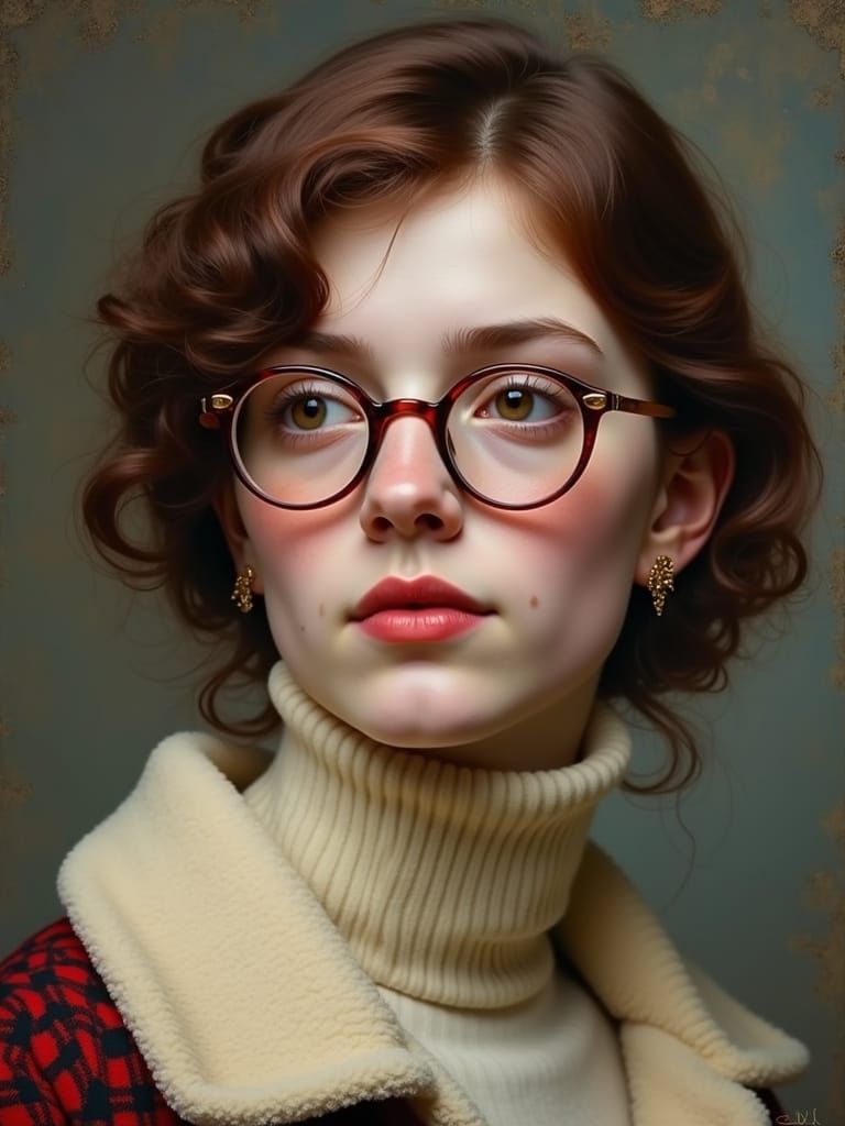 Portrait of a Woman with Burgundy Hair and Glasses