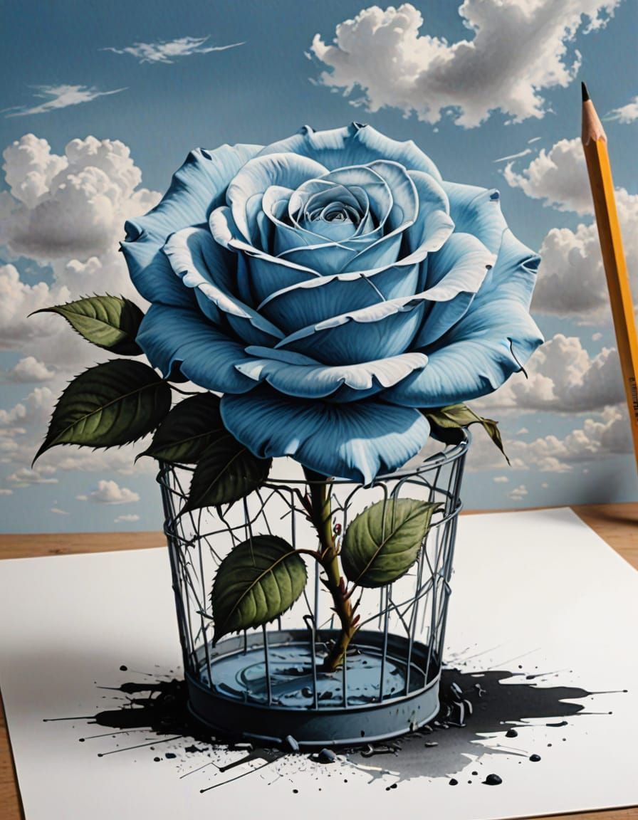 Rose Growing in Wastebasket, Dry Pastel and Pencil Art