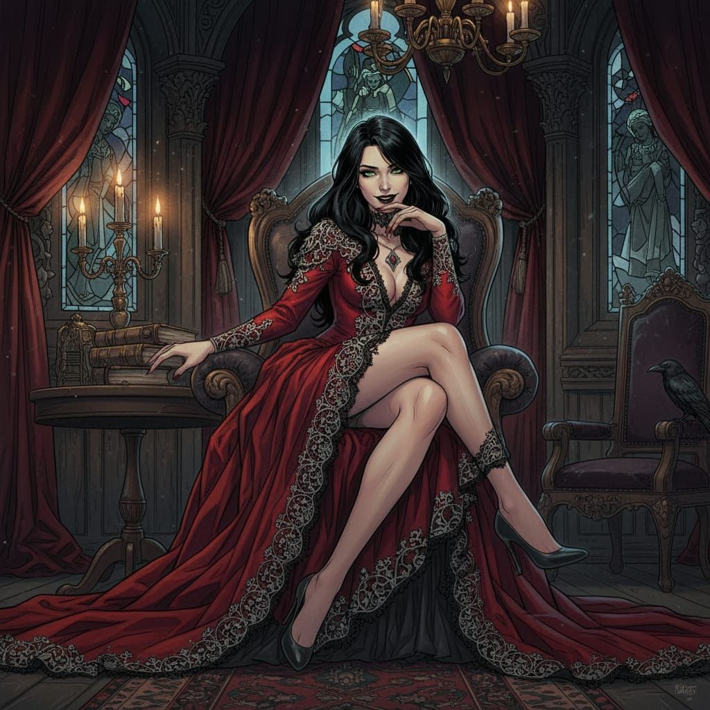 Gothic Woman in Scarlet Dress at Night
