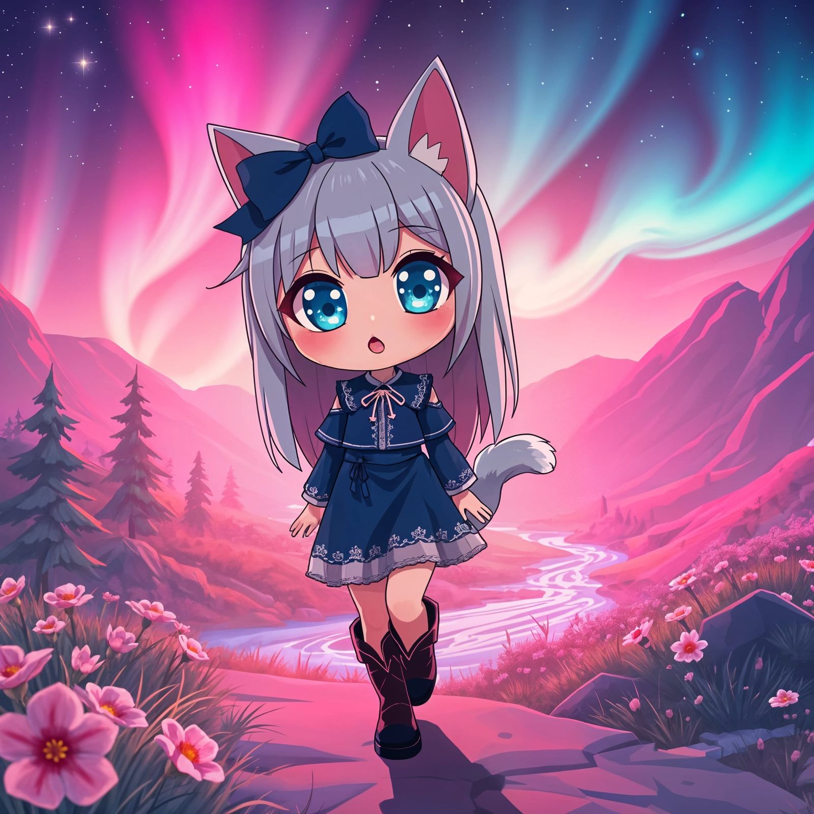 Adorable Anime Catgirl in Neon Fantasy Valley
