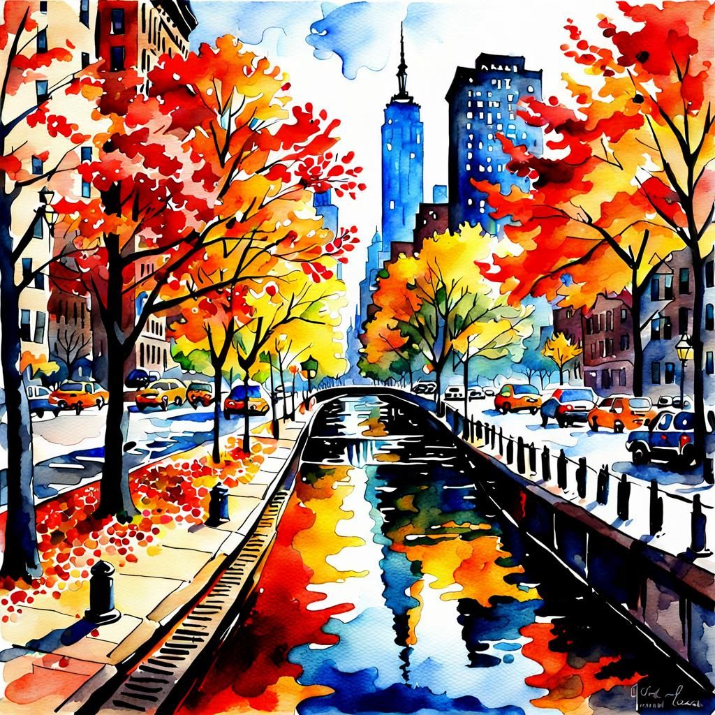 Watercolor Autumn Scene in New York City