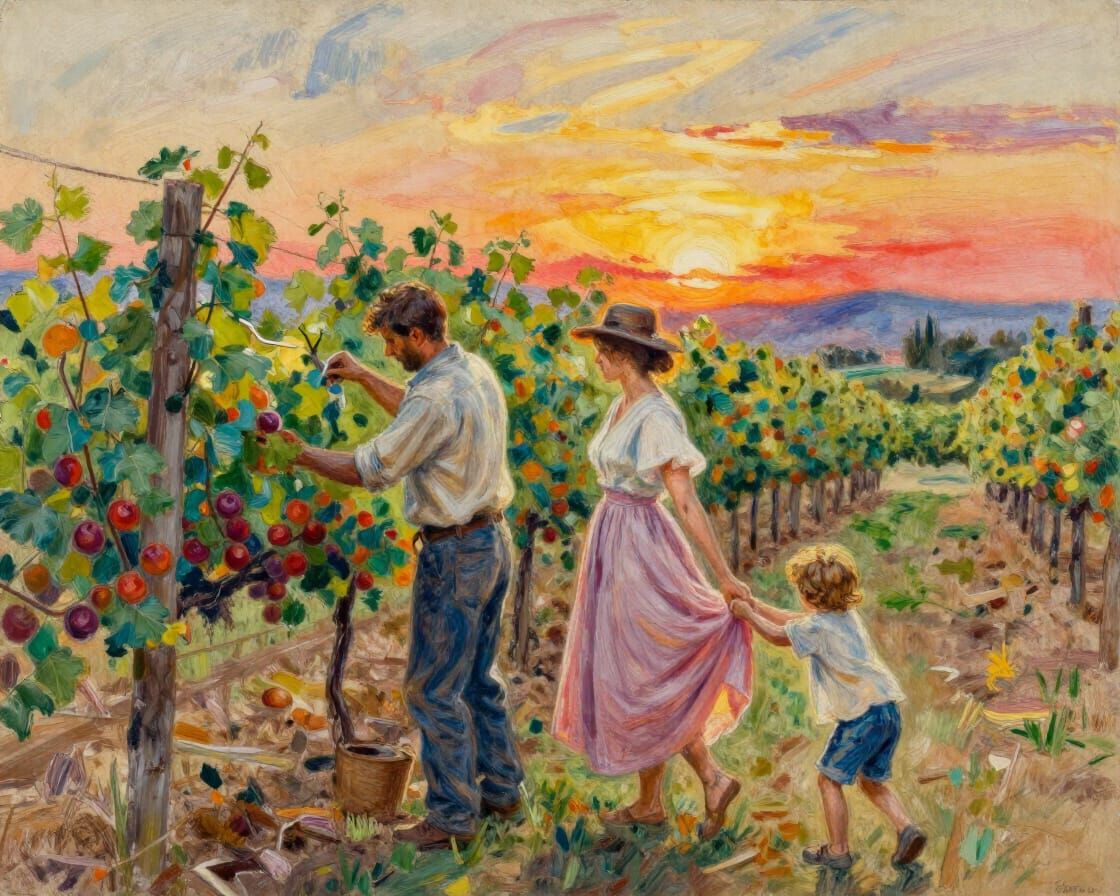 Vineyard Sunset Scene: Family Working in Gouache Style
