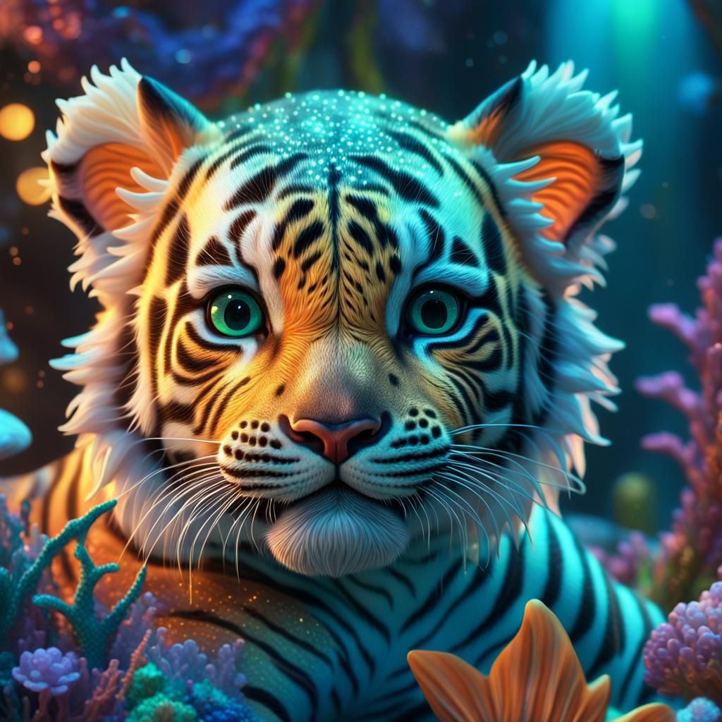 Surreal Portrait of Tiger Cub in Enchanted Realism Style