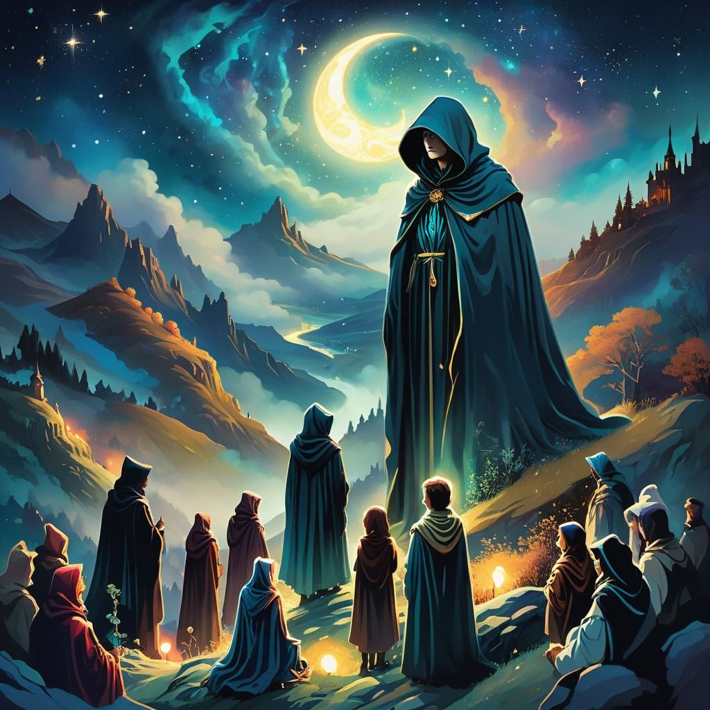 Mysterious Figure Reveals Deity in Starry Sky