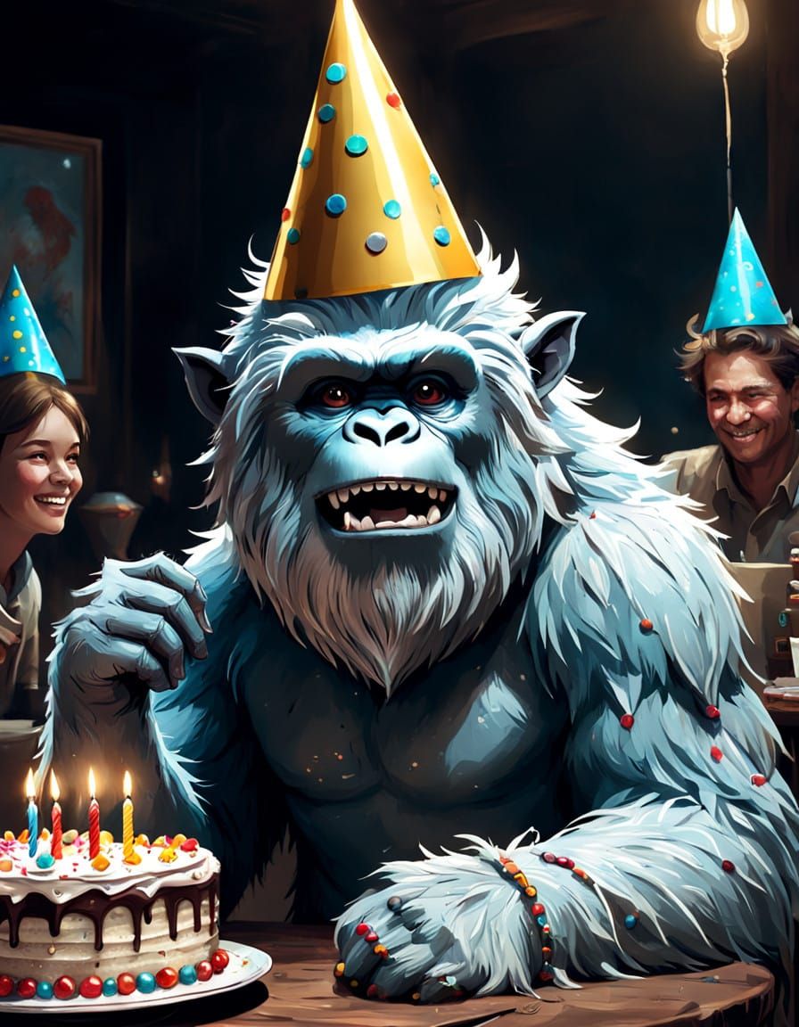 Joyful Yeti Celebrates Birthday in Vibrant Digital Art
