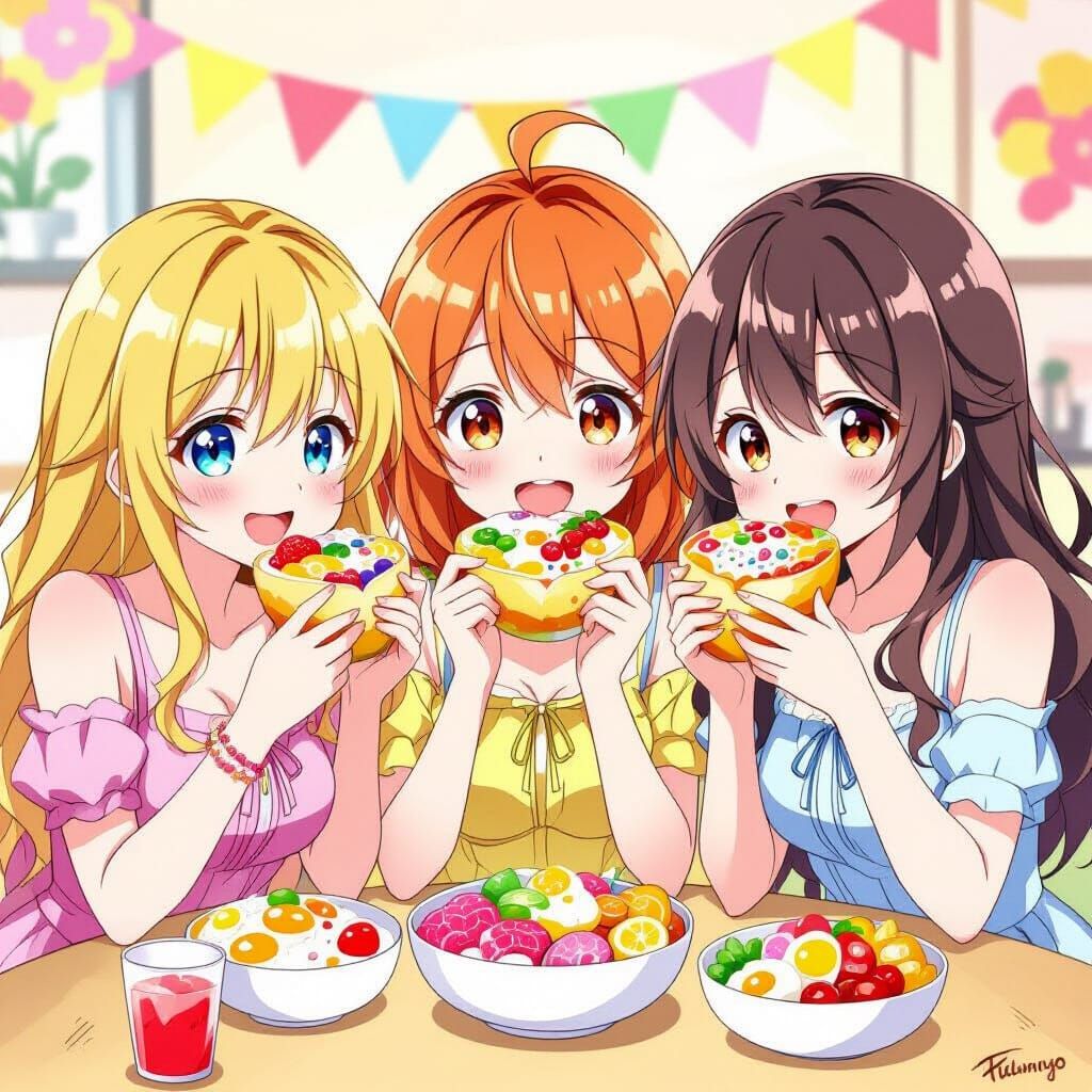 Anime Girls Enjoying Colorful Food, Mika Pikazo Style