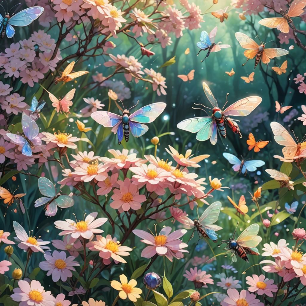 Colorful Insects in Lush Garden, Miyazaki-Inspired Art