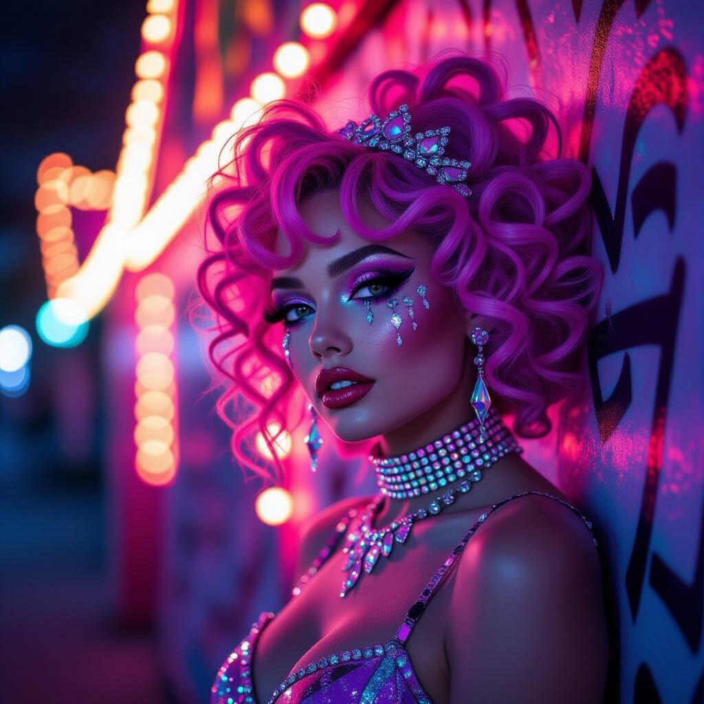 Dark carnival diva with neon pink-and-purple curls, rhinesto...