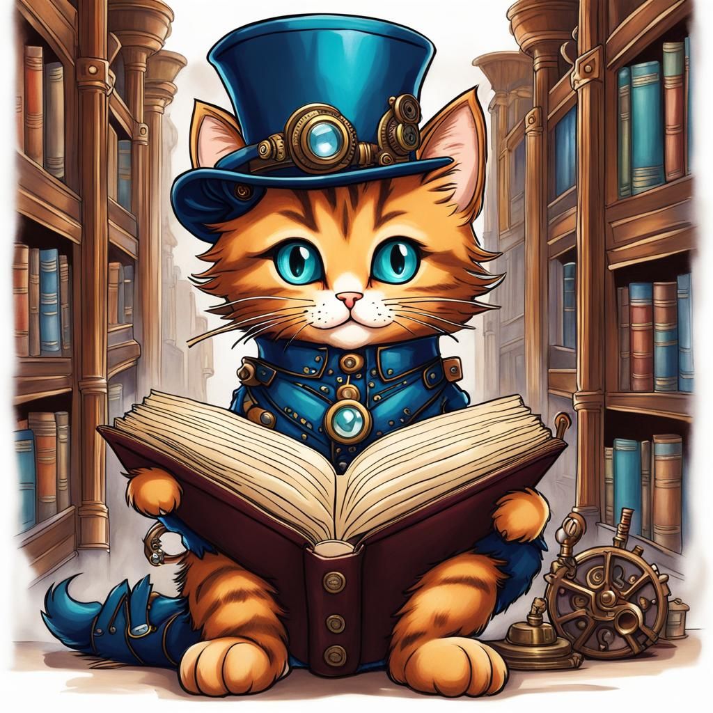 Chibi Steampunk Cat Reads in Crayon Style