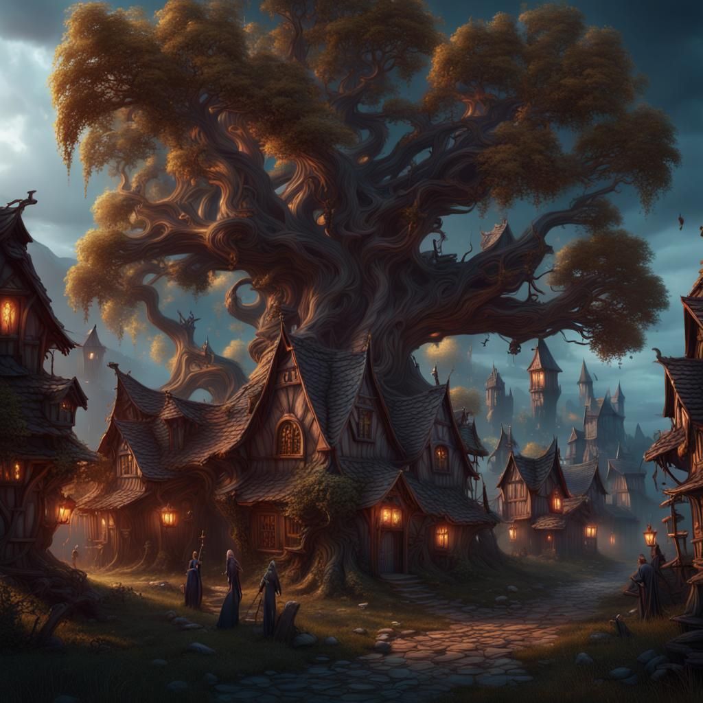 Witches' Village with Scary Trees: Fantasy Concept Art