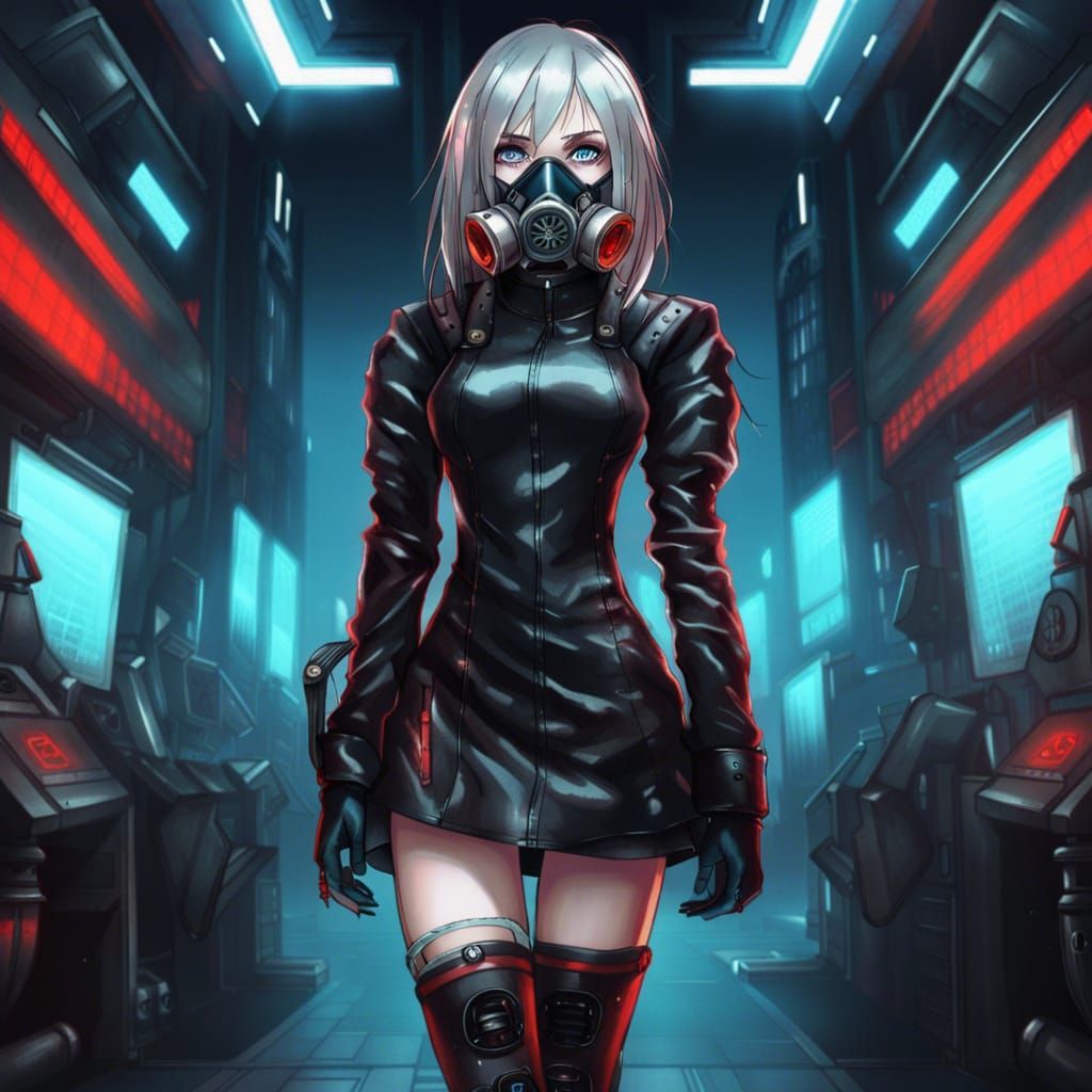 Cyberpunk Anime Girl with Blue Eyes and Gas Mask