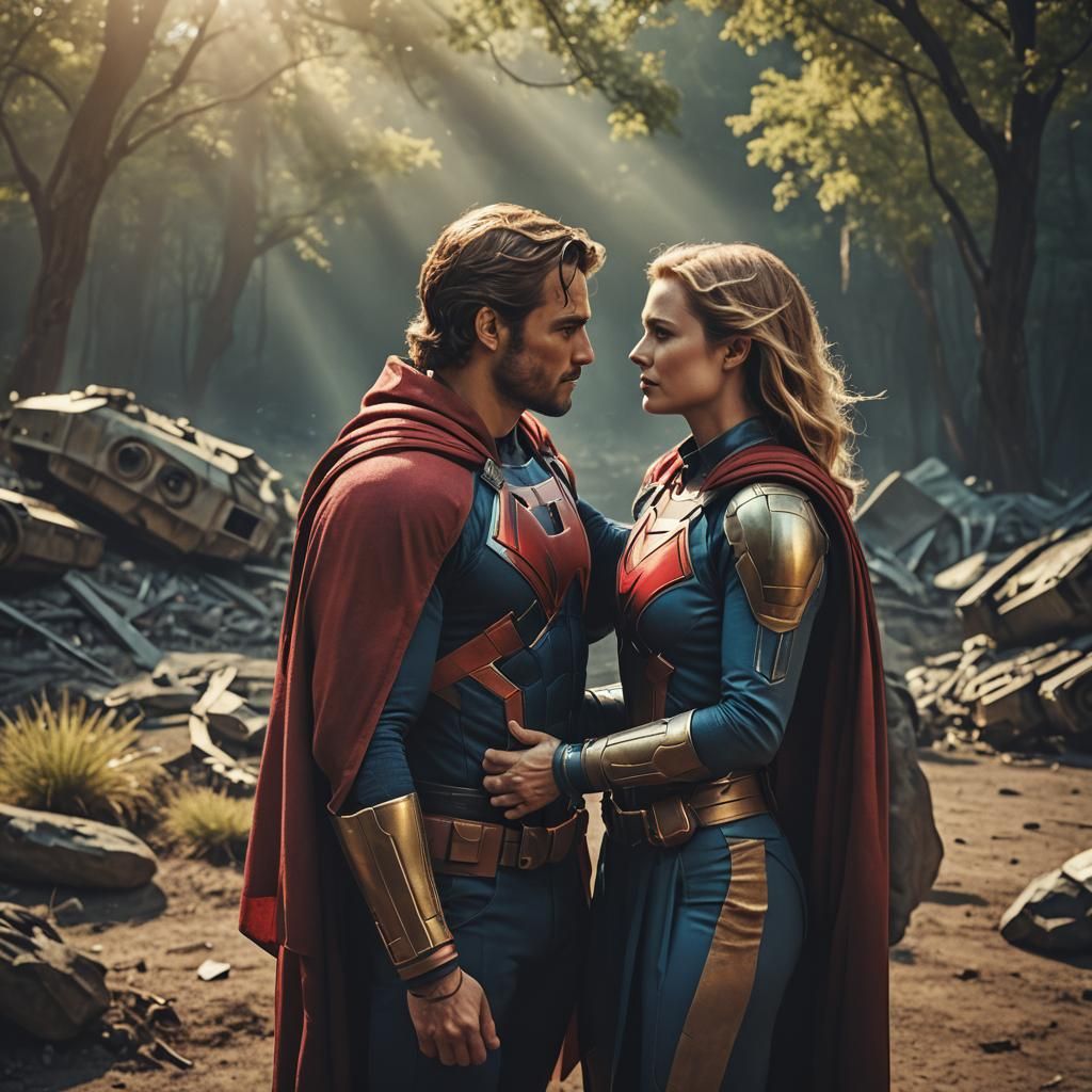 Romantic Superhero Couple in Cinematic Film Still
