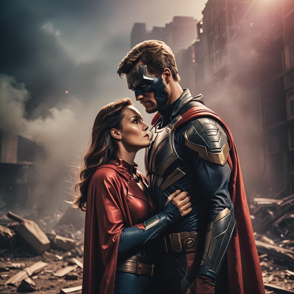 Romantic Superhero Couple: Cinematic Film Still
