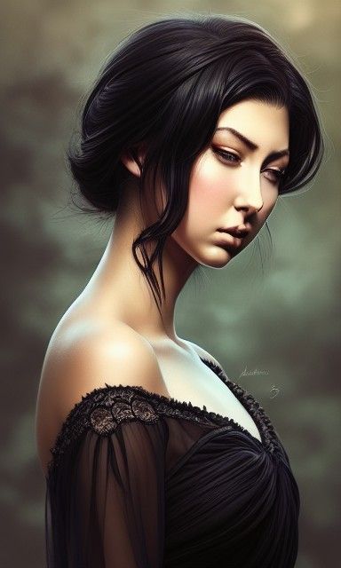 Elegant Black-Haired Woman in Hyper-Detailed Digital Art
