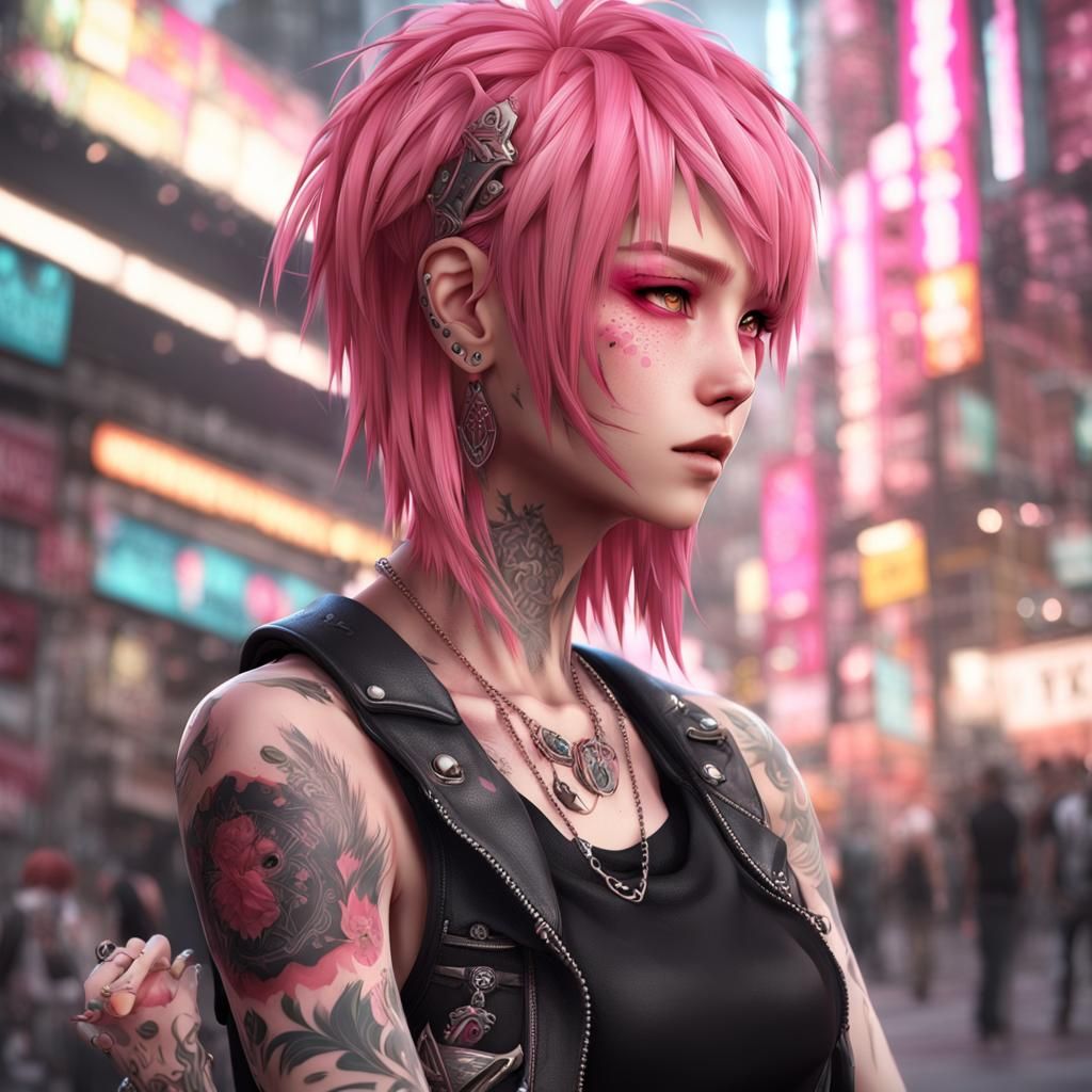 Anime Punk with Pink Hair and Tattoos
