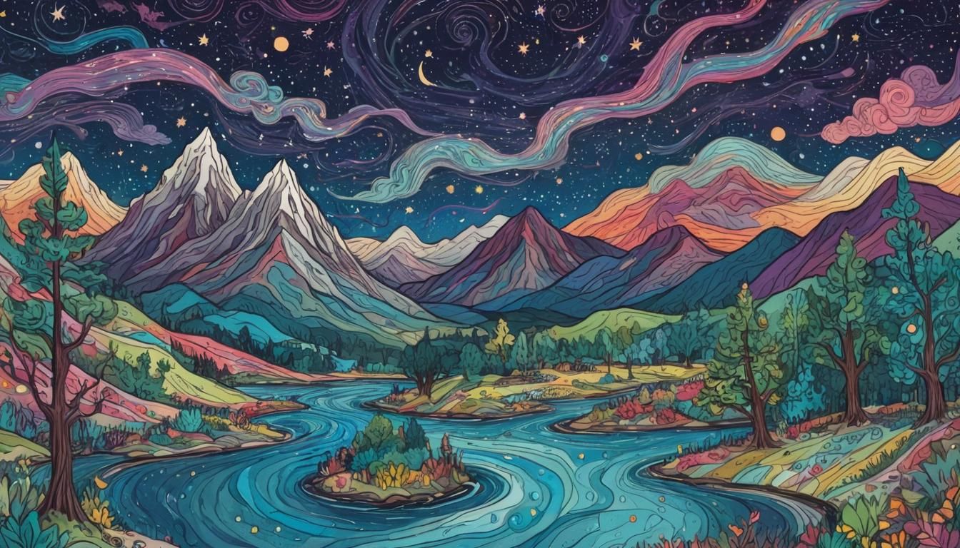 Whimsical Doodle Art Landscape with Wobbly Trees