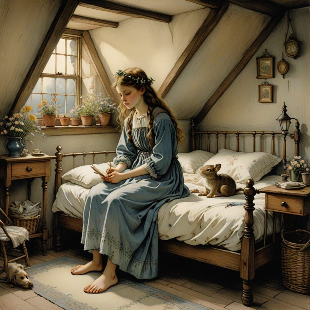 Whimsical Girl Pouts in Cozy Attic Bedroom