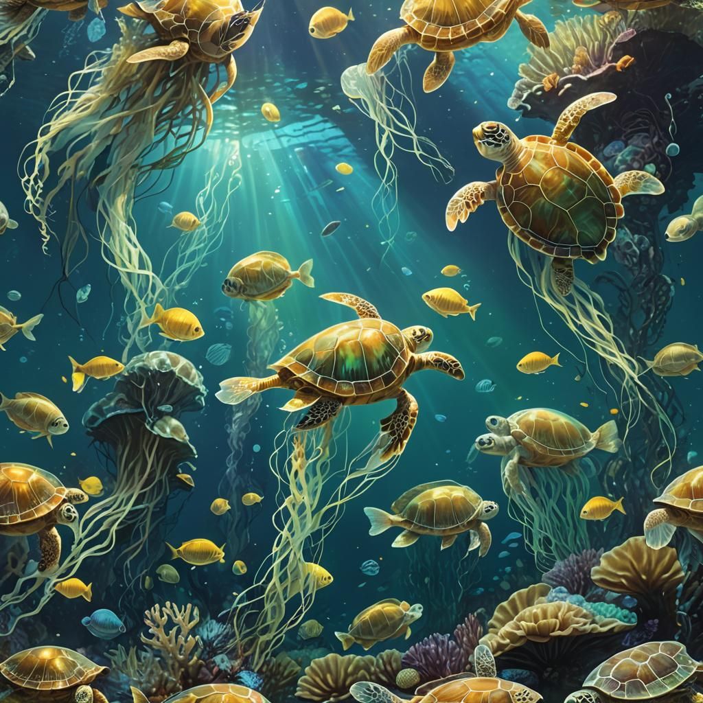 Luminescent Fish and Sea Turtle in Underwater Realm