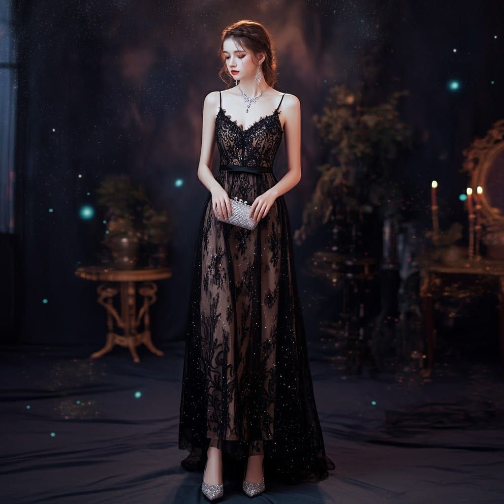 Elegant Woman in Black Lace Gown