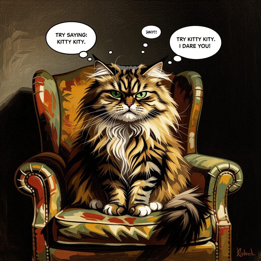 Furious Long-Haired Cat on Armchair in Dramatic Style