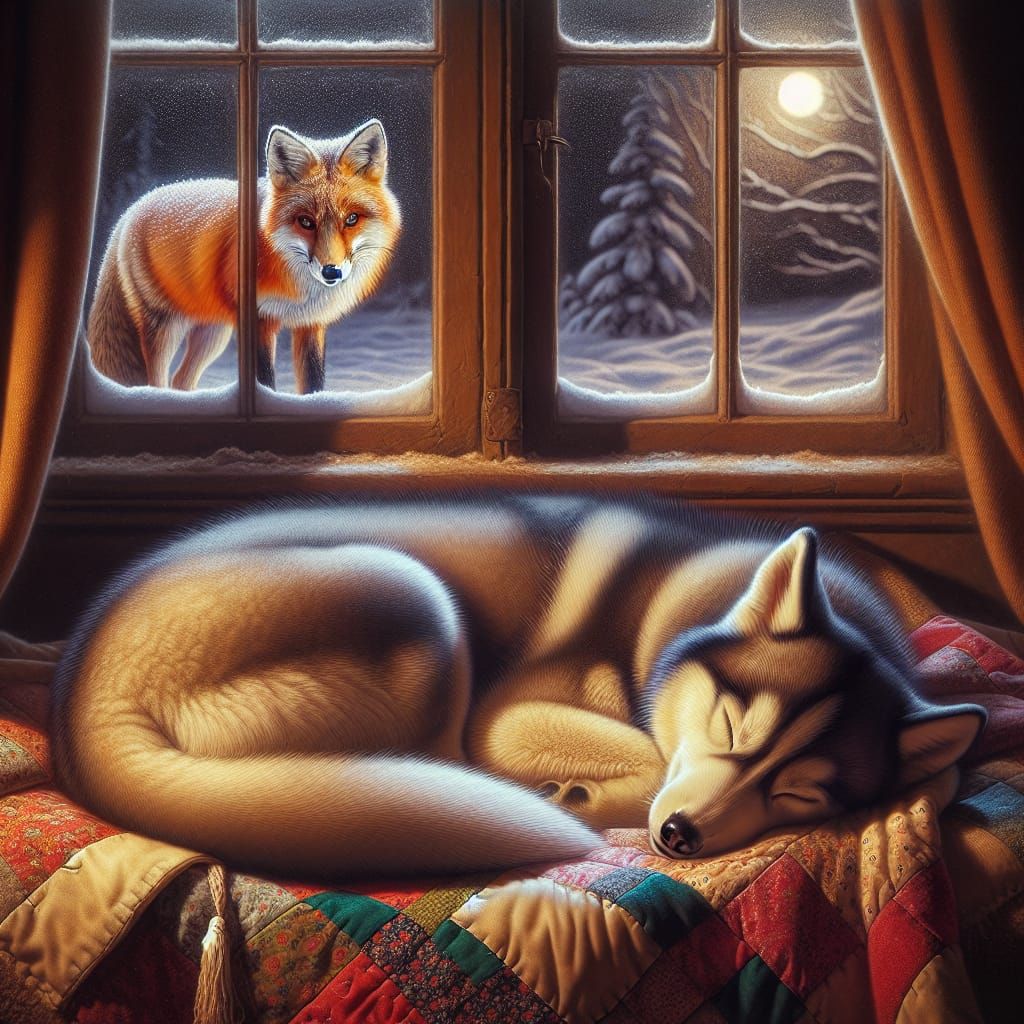 Husky and Fox in Dreamy Winter Scene