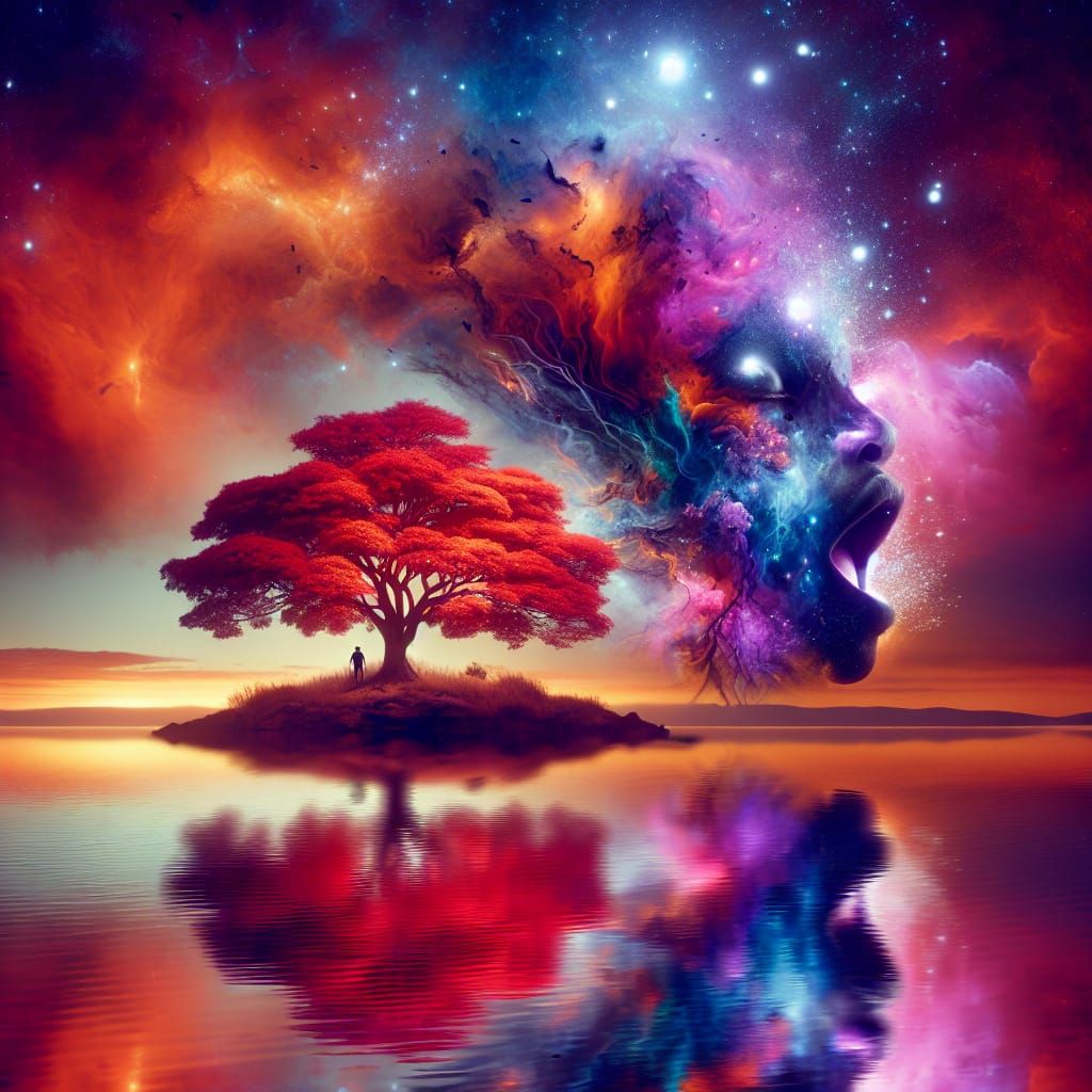 A surreal scene at dusk with a cosmic theme