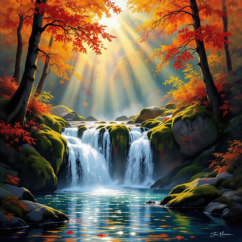 Majestic Autumn Waterfall in Impressionistic Style