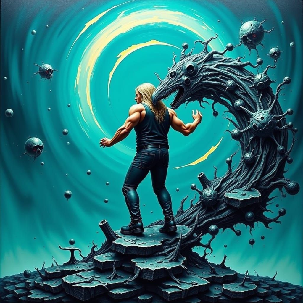 Turquoise Heavy Metal Surrealist Masterpiece in Impasto Styl...