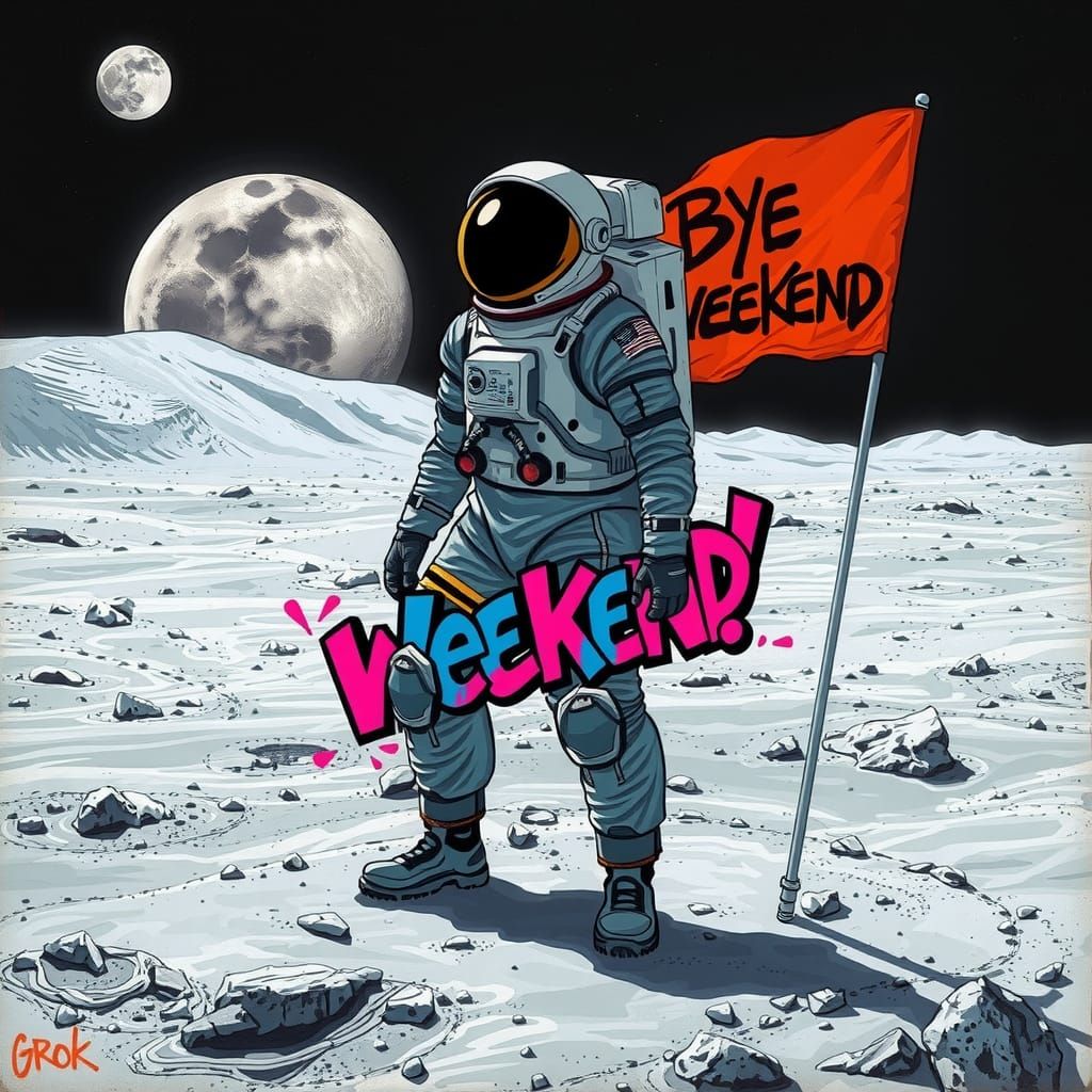 Astronaut on Moon with Graffiti Flag, Urban Aesthetic