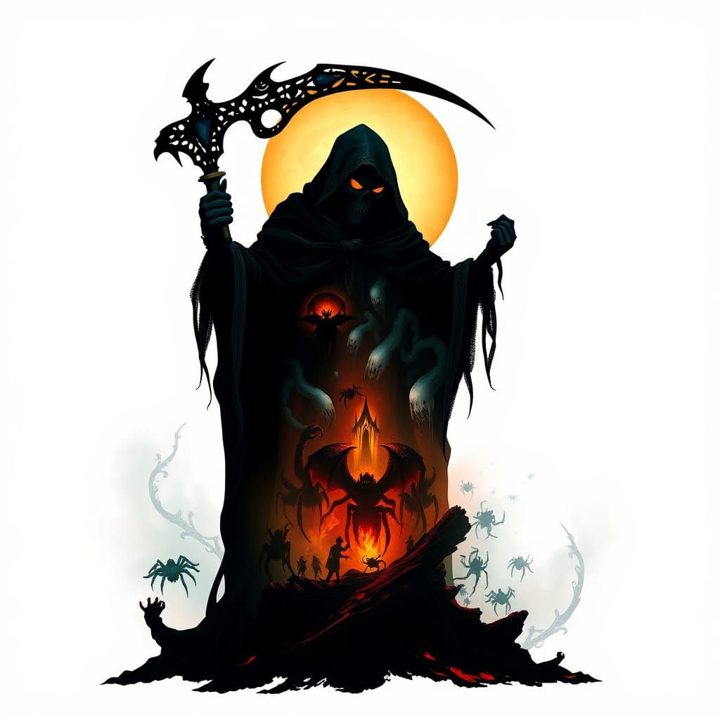Reaper Silhouette with Horror Landscape in Art Nouveau Style