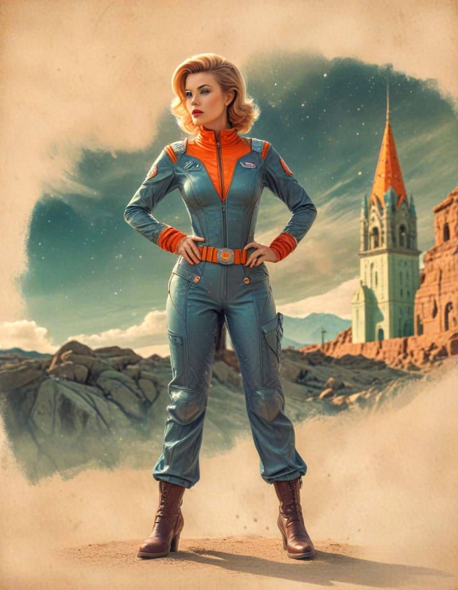 Retro Sci-Fi Pinup Girl on Alien Planet
