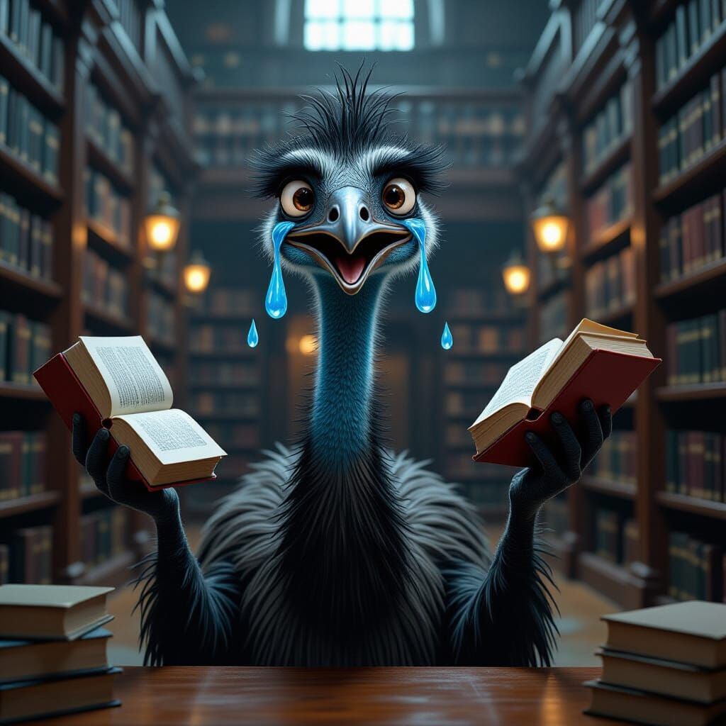 Crying Emu Juggles Books in Creepy Library