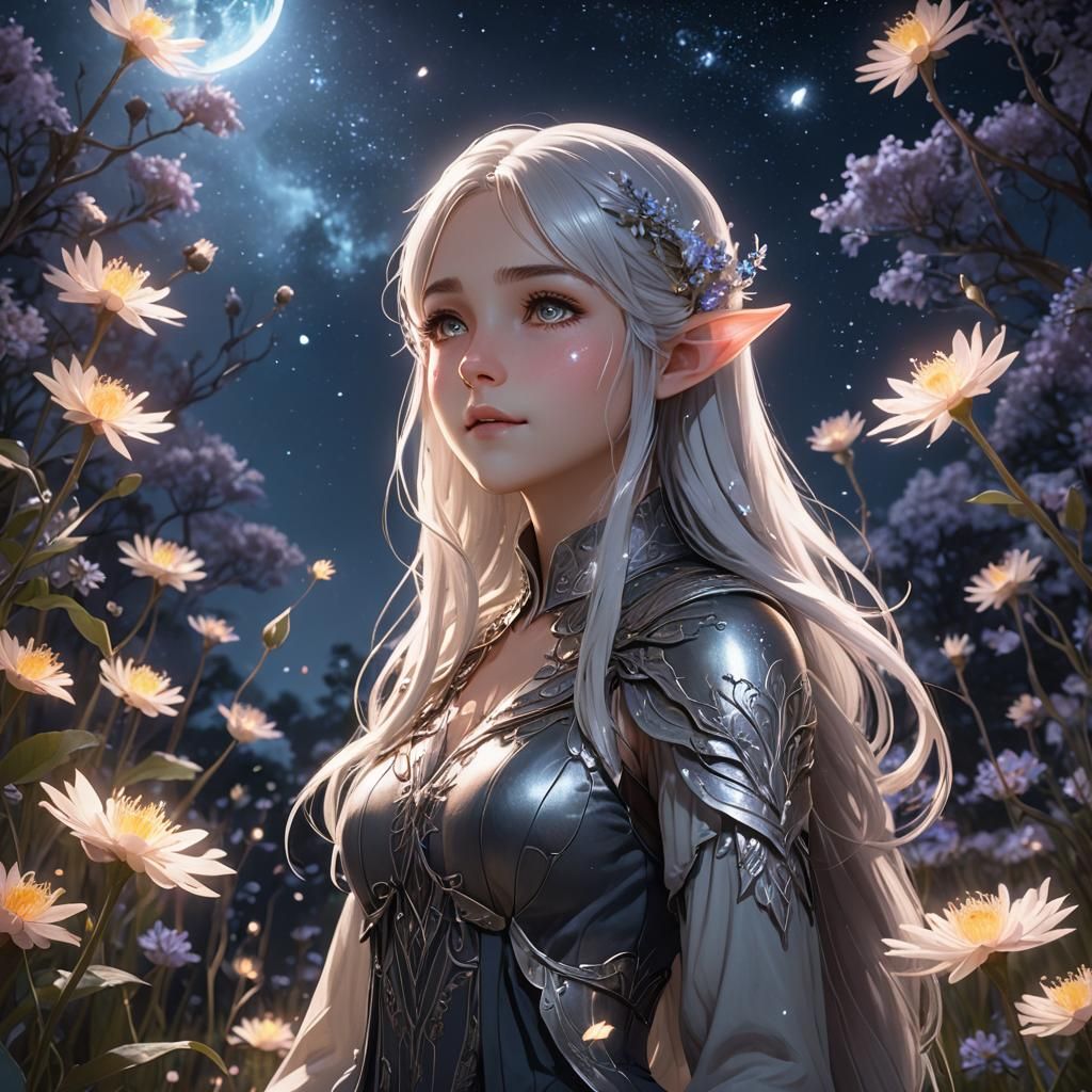 Anime Elf in Bioluminescent Field at Night