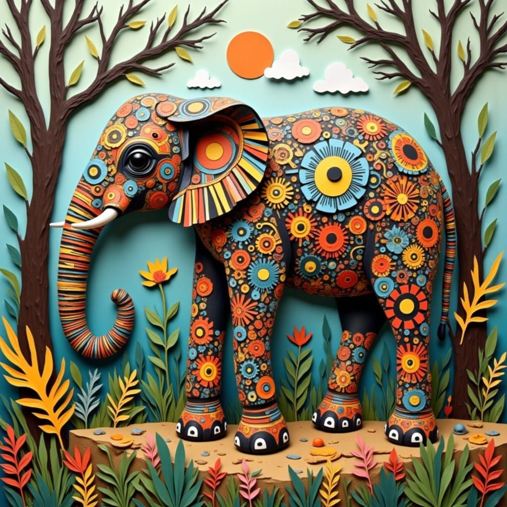 Elephant in Jungle: Dubuffet and Papercut Style