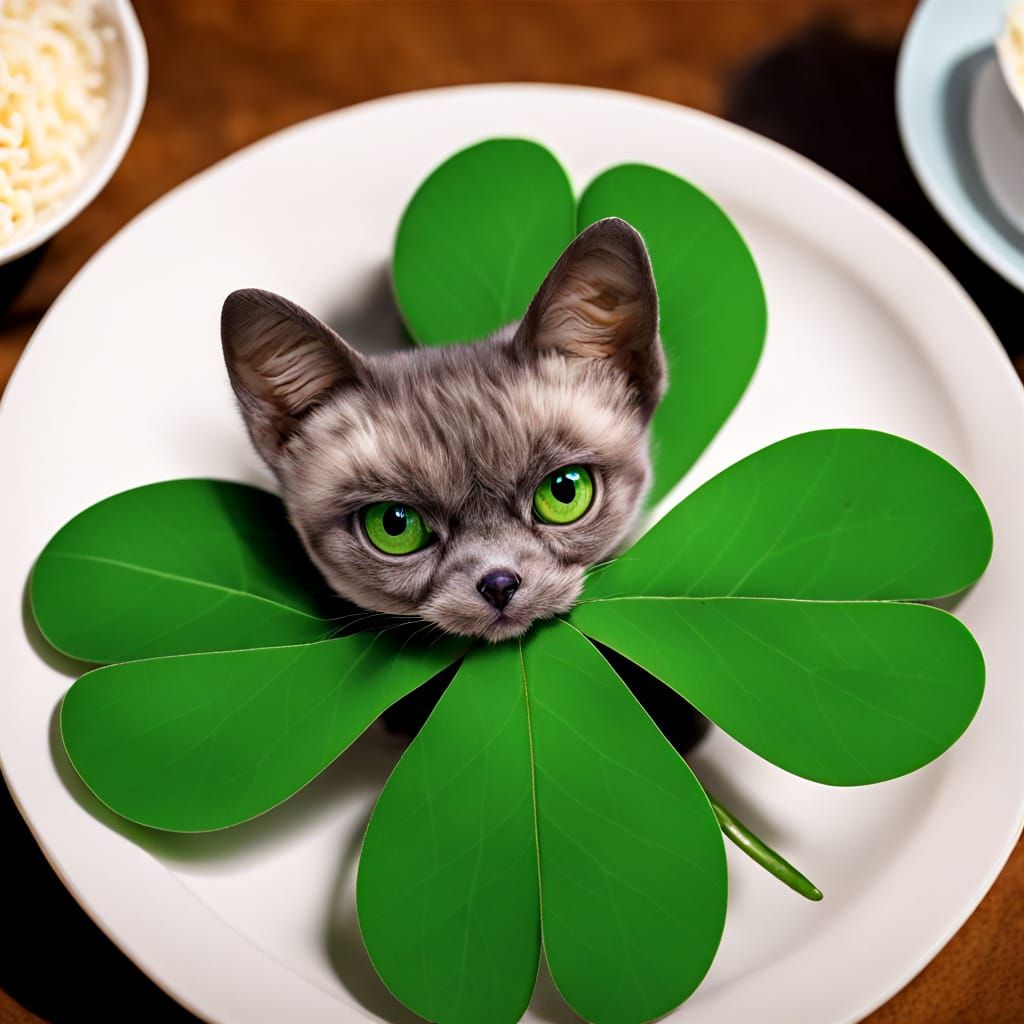 Manga-Style Cartoon Four-Leaf Clover with Glowing Green Eyes