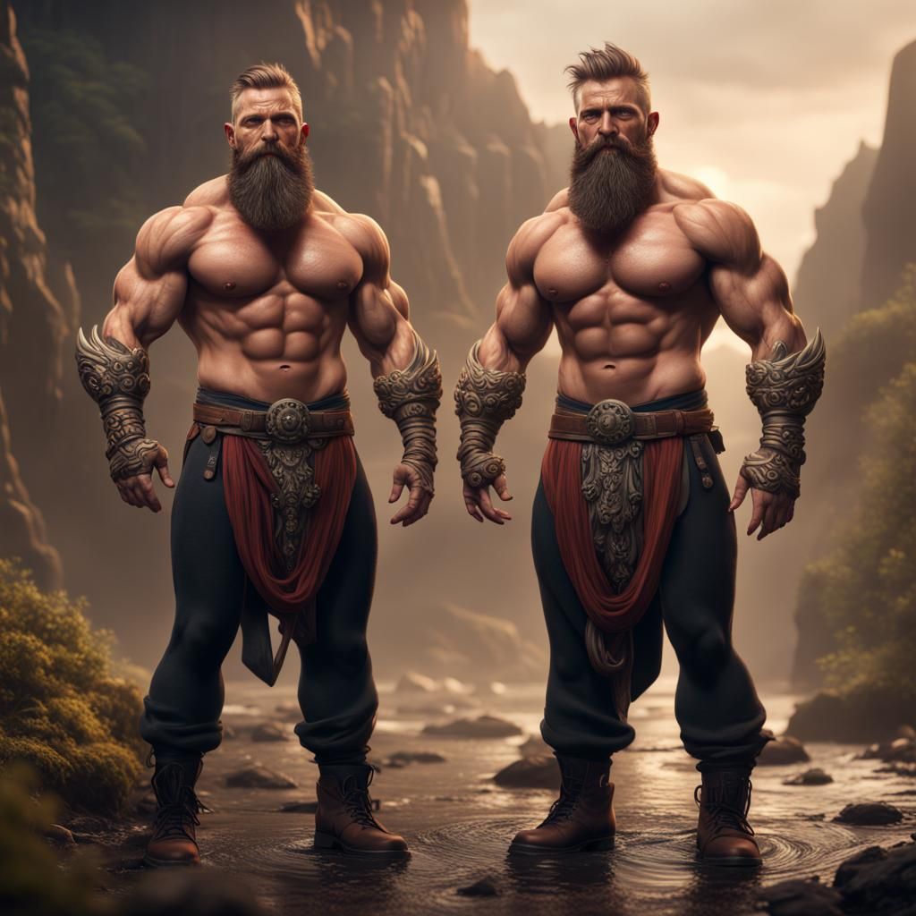 Fantasy Portrait: Muscle Bearded Father and Twin