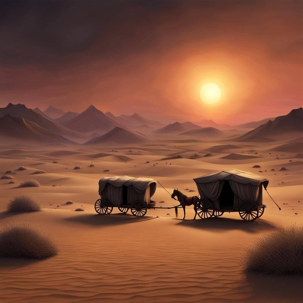 Desert Caravan in Medieval Fantasy Sunset