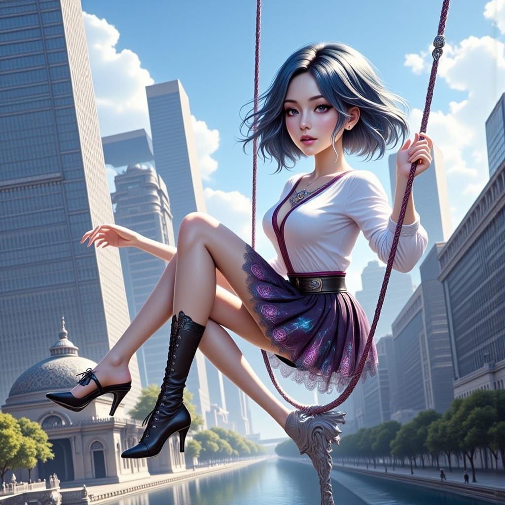 Woman with One Leg in Whimsical Landscape