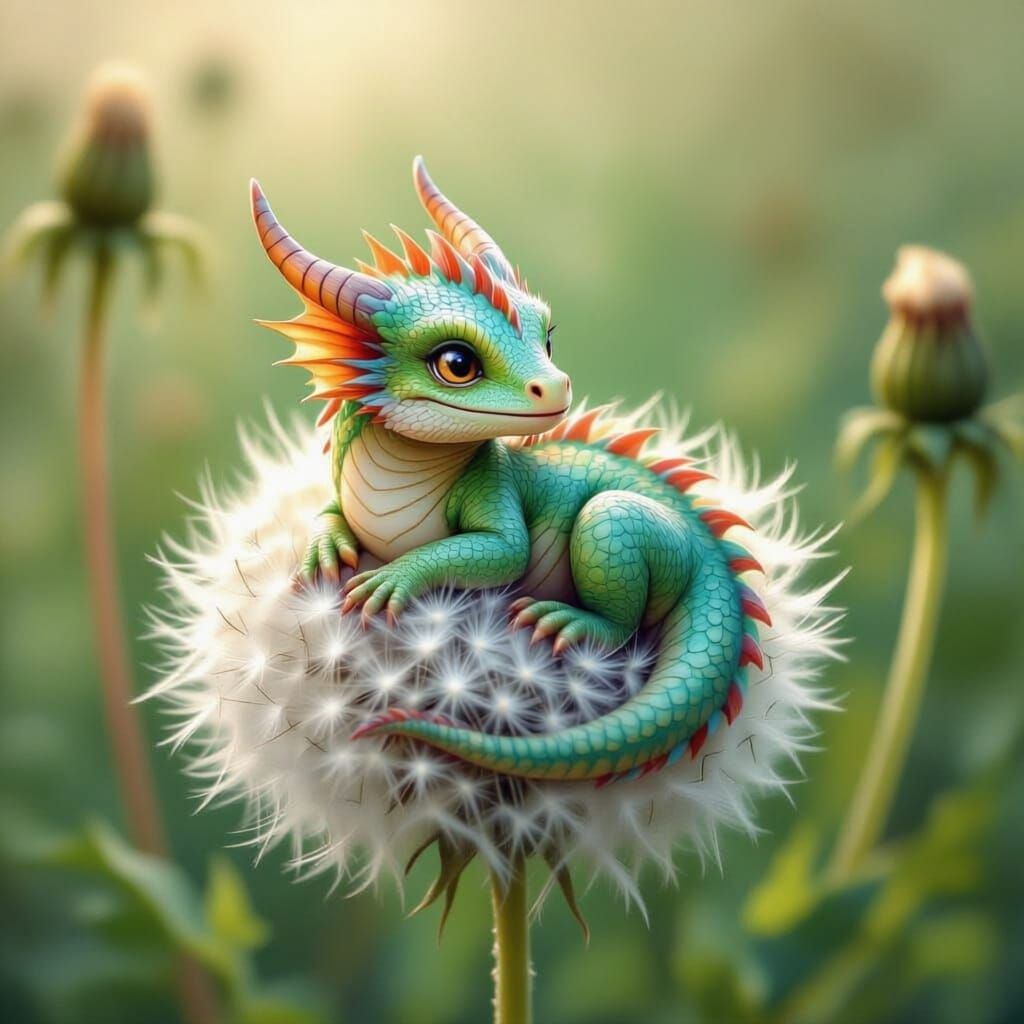 Baby Dragon Making a Wish on a Dandelion
