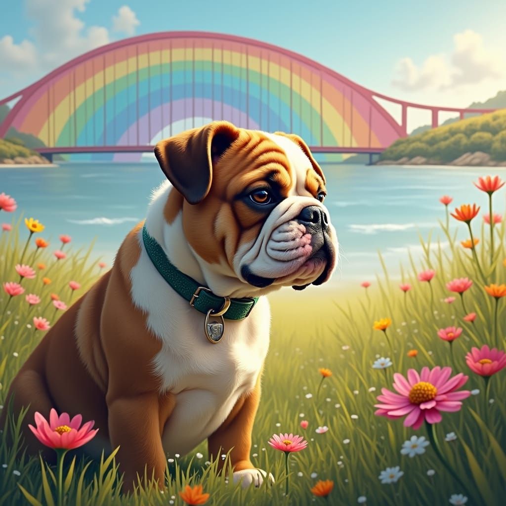 Realistic Bulldog in Meadow Gazing at Rainbow Bridge